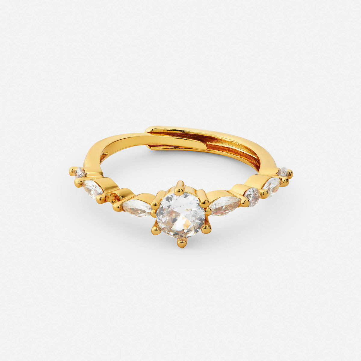 Gold adjustable solitaire ring with a round centre stone and marquise side stones