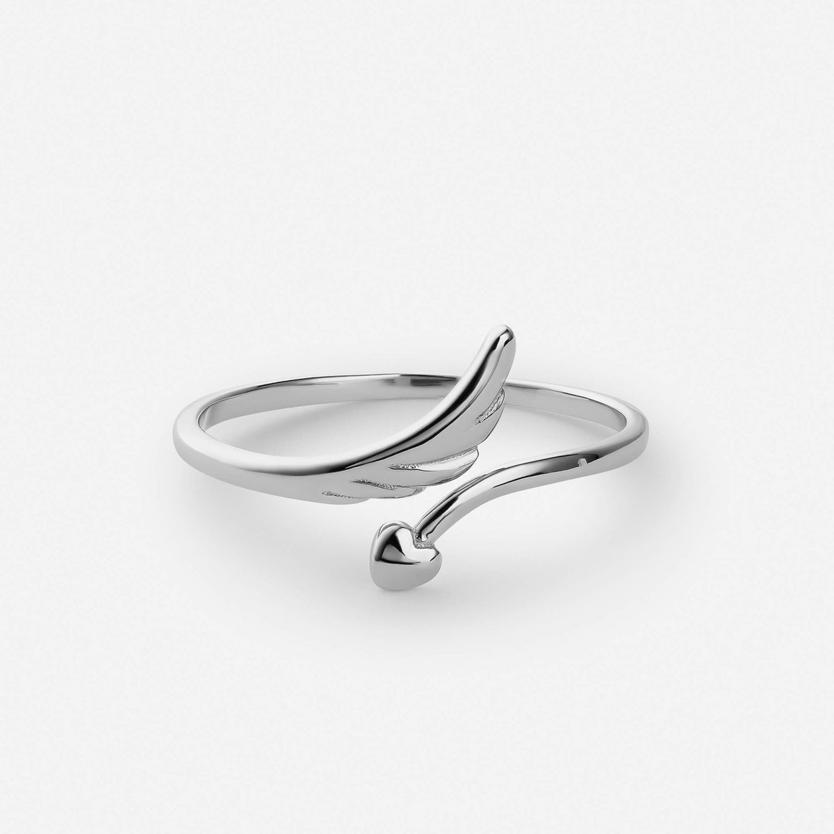 Silver feather heart ring with a feather on one end and a heart on the other