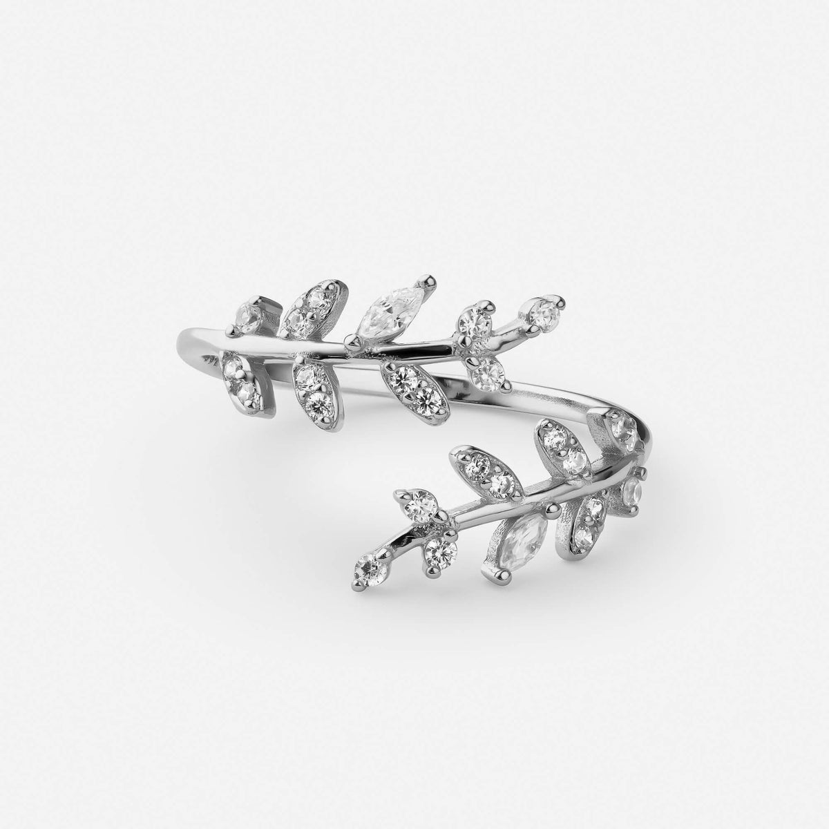 Silver adjustable leaf wrap ring with two leafy branches set with clear stones